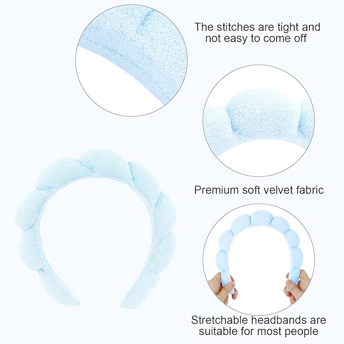 Semato Spa Headband and Wristband Set Skin Care Headband Fluffy Bow Face Wash Headband Hair Accessories Bubble Sponge Spa Headband for Women and Girls (blue)