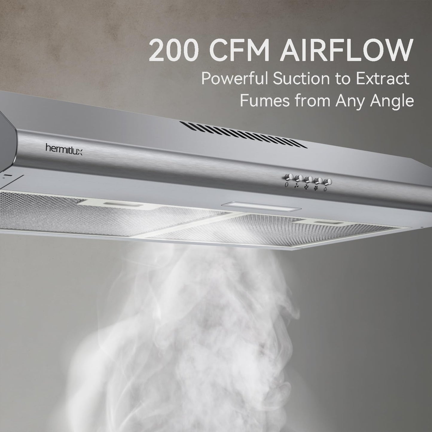 Hermitlux Under Cabinet Range Hood, 30 inch Vent Hood With 3 Speed Exhaust Fan, Ducted And Ductless Convertible, LED Bright Light Bulbs and Charcoal Filter, Stainless Steel Filter, Stainless Steel