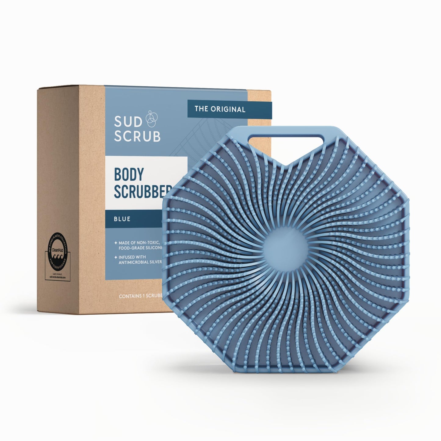 Sud Scrub® Antimicrobial Silicone Body Scrubber, Exfoliating Body Brush for Sensitive Skin, Antibacterial Shower Scrubber for Body, Bathroom Essentials for Men & Women, Blue