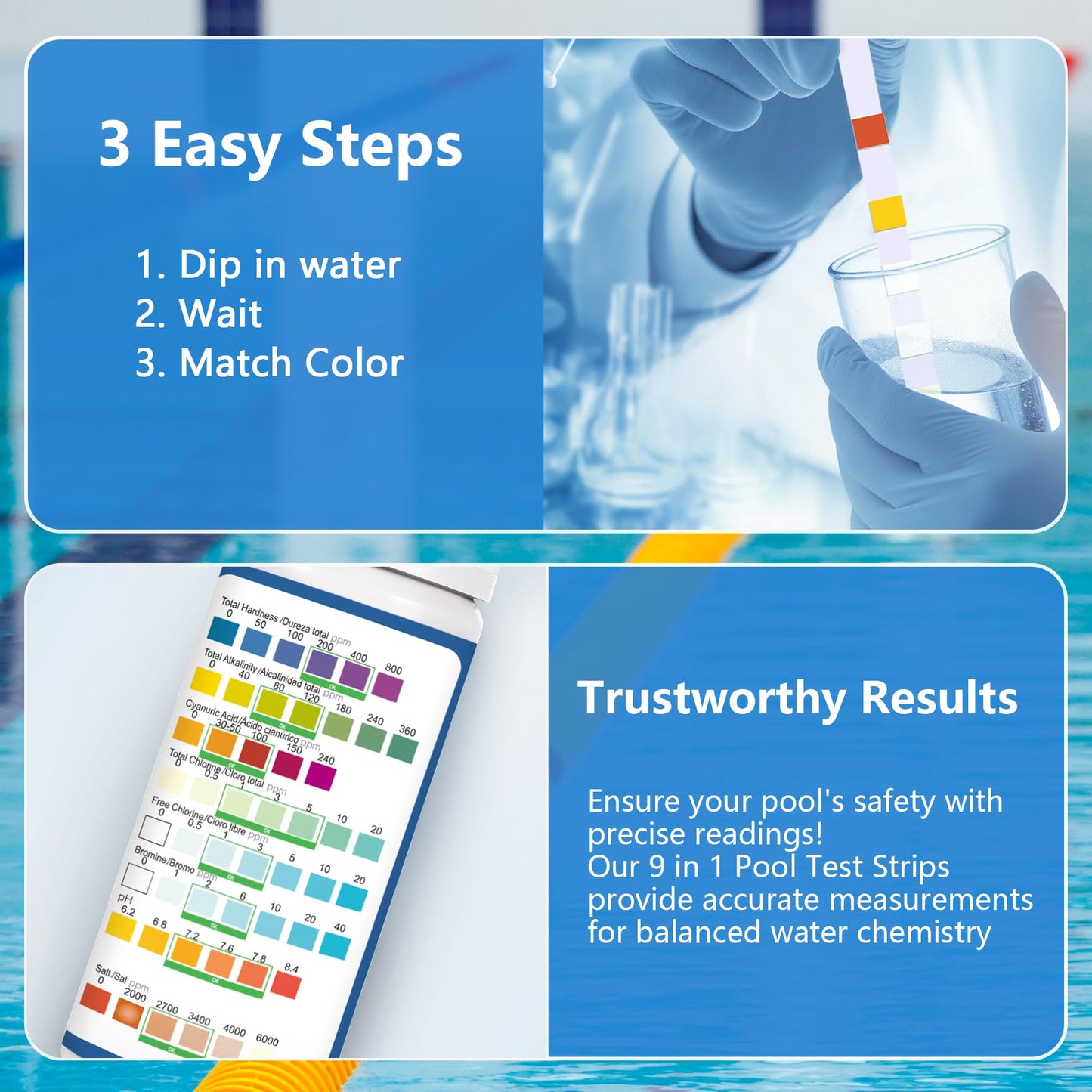 2026 New Pool Test Strips - 9 in 1 Pool Salt Test Strips 150 Counts for Salt Water Pool Testing Kit for Salt Level (0-6000ppm) Copper GH pH Bromine Cyanuric Acid for for Swimming Pool Spa Hot Tub