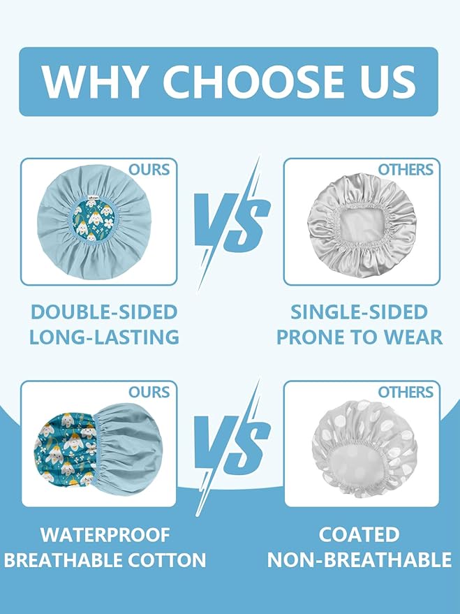 Years calm Shower Caps for Women Reusable Waterproof, Double Layer Waterproof Fabric - Both Sides Usable, Reversible Pattern & Solid Color Design, Soft Elastic Keeps Hair Dry for shower Spa Travel