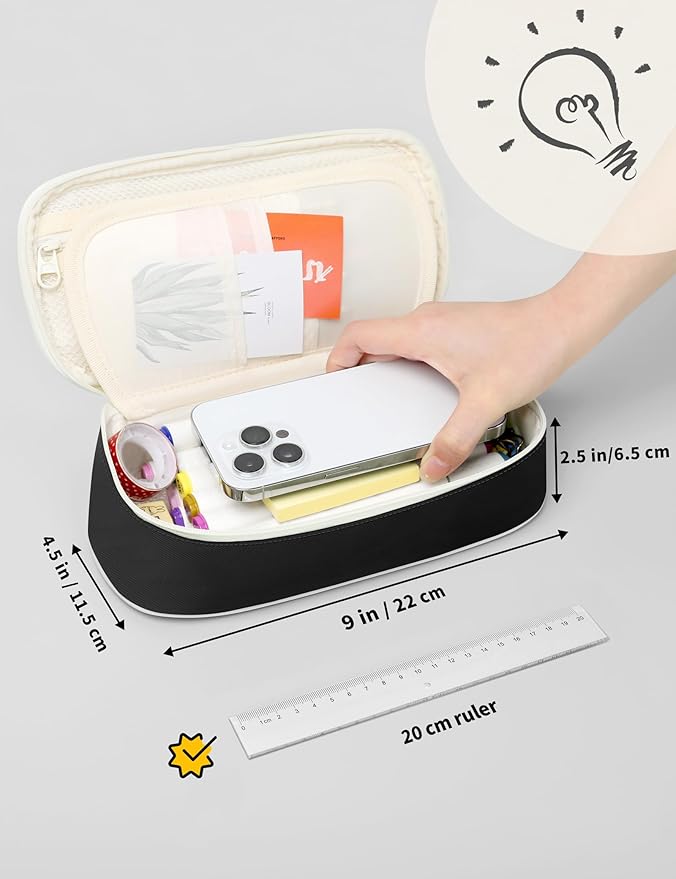 SUNEE Cute Pencil Case, Aesthetic Pen Pouch, Colored Large Pencil Bag with Zipper, Kawaii Stationery Storage and Organizer, School Supplies for Teen and Adult Girls, Black