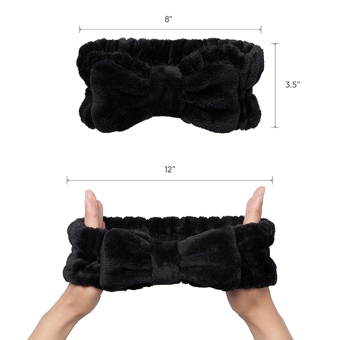 Red by Kiss Spa Headband for Washing Face Facial Makeup Bow Head Band Soft Plush Fleece Stretchy Head Wraps for Women Shower Bath Washing Face Mask (Black)