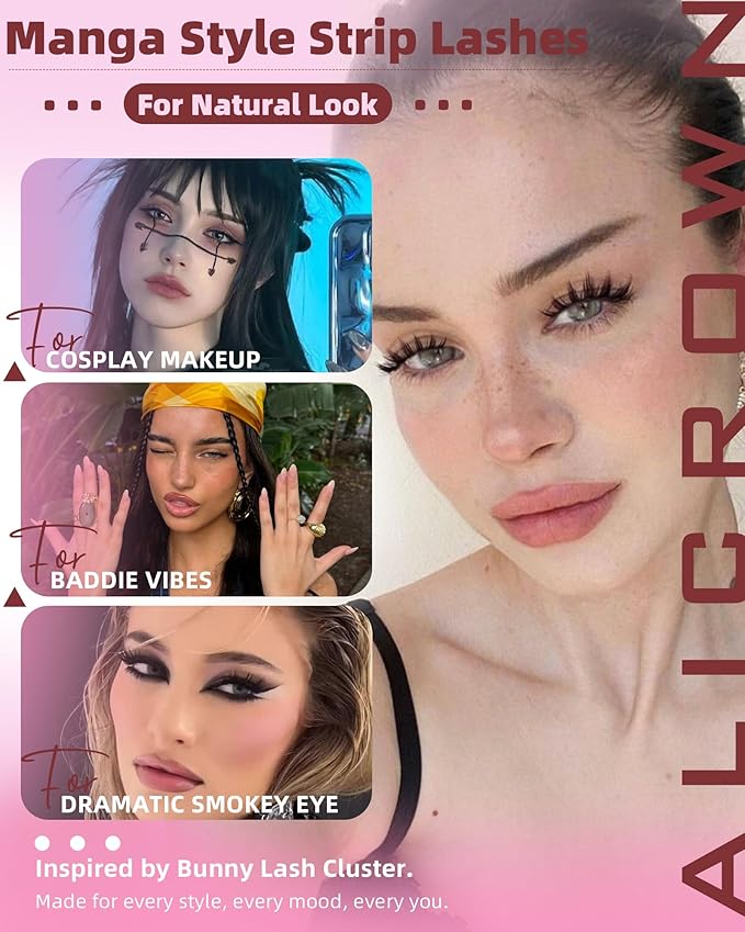 Manga Lashes Strip Eyelashes Natural Anime Fake Eyelashes Wispy Doll Eye Lashes 9 Pairs Spiky Cosplay Dark False Eyelashes with Clear Bands Manhua Lashes