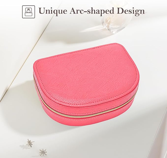 ProCase Travel Size Jewelry Box, Medium Portable Seashell-Shaped Jewelry Case, 2 Layer Jewelry Organizer in PU Leather for Women -Melon Pink