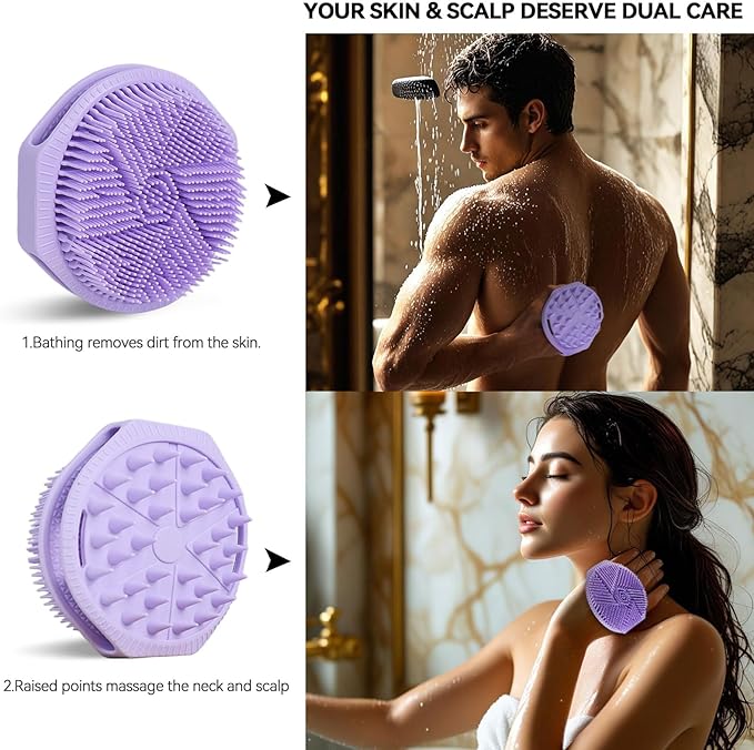 Dual-Sided Silicone Body Scrubber, Silicone Loofah for Shower Exfoliating Body Brush Scrubber for Men and Women for All Skin, Scalp Massager Lather WellÃ¯Â¼ÂEasy to Clean (Purple)