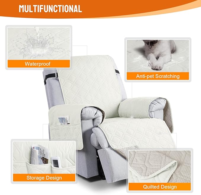 VANSOFY 100% Waterproof Recliner Chair Covers, Recliner Cover Non-Slip Dog Chair Cover Furniture Protector Washable Slipcover with Pocket, Elastic Straps for Pets, Dogs(Off White, 22")