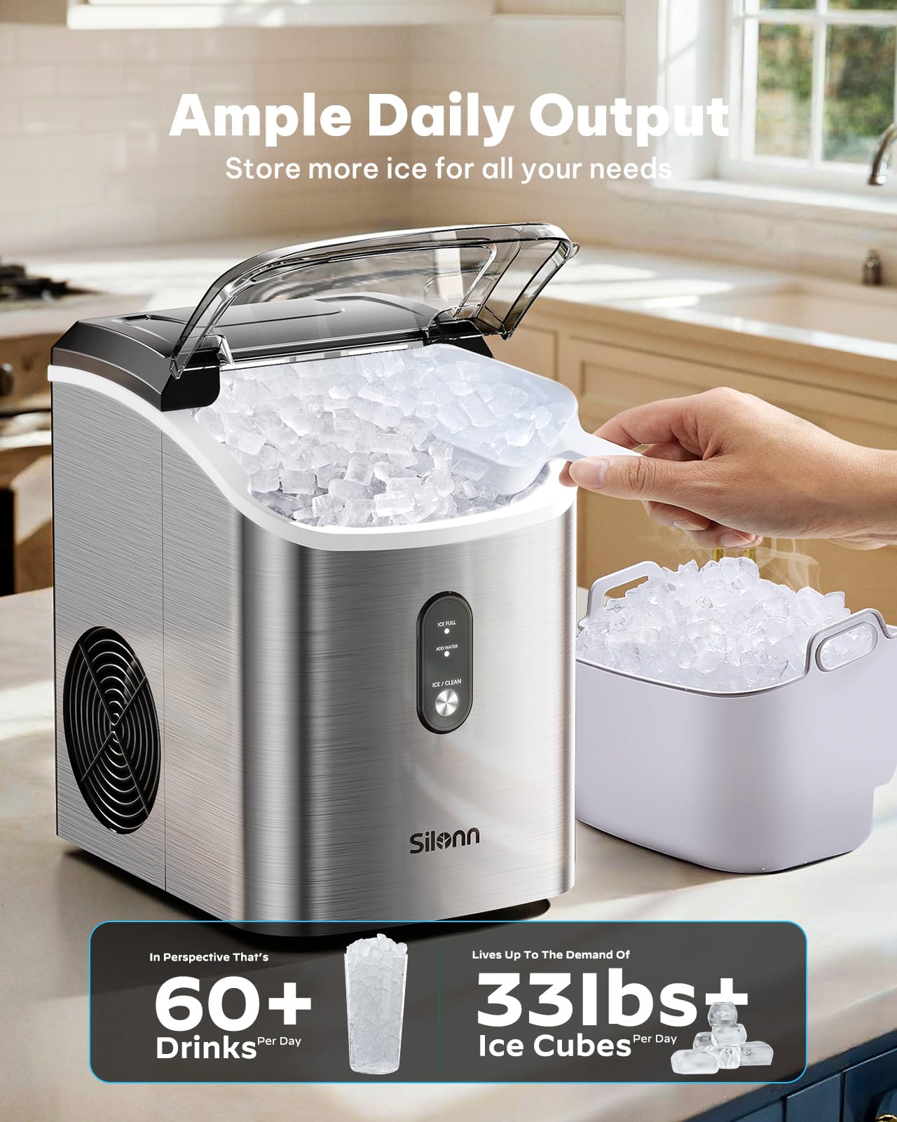 Nugget Ice Maker Countertop, Silonn Chewable Pellet Ice Machine with Self-Cleanin Function, 33lbs/24H Portable Ice Makers for Home Kitchen Officce, Stainless Steel