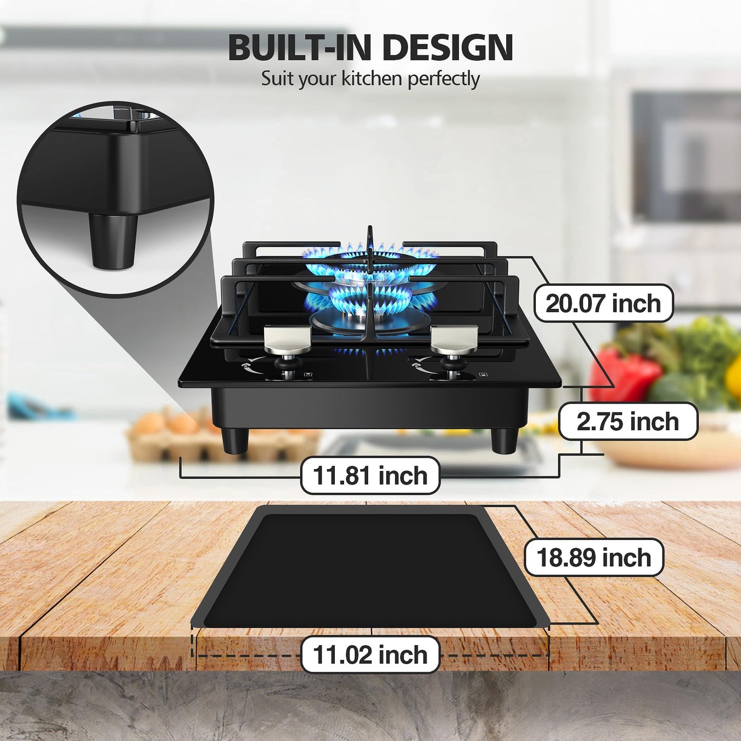 Gas Stove 2 Burner Propane Cooktop 12 inch, Nafewin Tempered Glass Portable Gas Cooktop Stove Burner with Thermocouple Protection, Lpg/Ng Dual Fuel Built-in Hob for Apartments, Outdoor, Rvs
