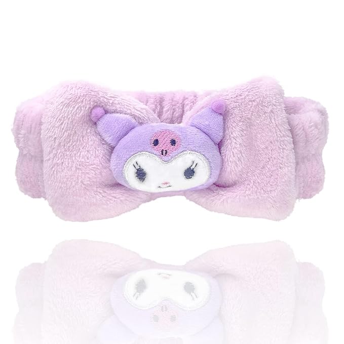 Kawaii Cartoon Headband, Cute Anime Spa Band for Women face Washing Makeup Skincare, Soft Microfiber Coral Shower Fluffy Towel Hairband for Girls (Kurobow)