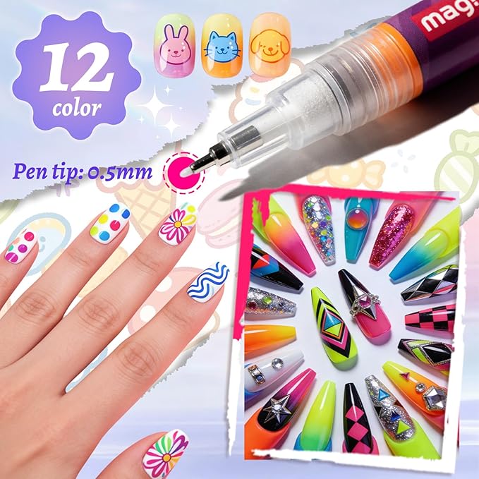 12 Color Nail Art Pens, Neon Nail Markers Set 0.5 MM Fine Tip Nail Polish Pens Drawing Painting Point Liner Painted Pen Kit, Waterproof DIY Nails Art Design Manicure Tools