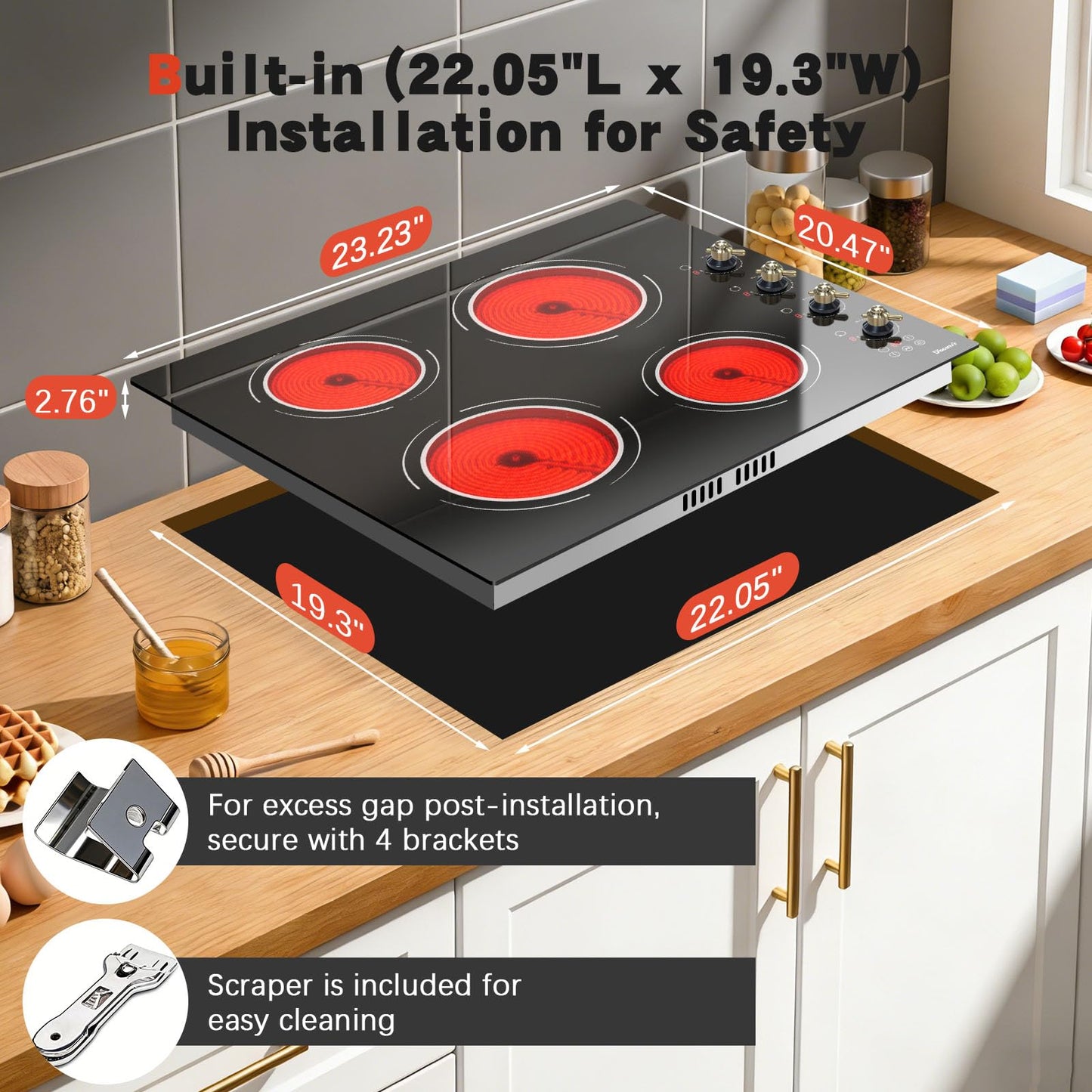 Disaenvir 2 Burner Electric Cooktop - 3000W Drop-in Two Burner Electric Stove 220V, 13 Inch Ceramic Stove with Knob Control, Timer, Safety Lock, Residual Heat Indicator, 220V Hard Wired (No Plug)