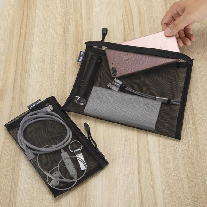 HRX Package Nylon Mesh Cosmetic Zipper Bags, 6PCS Black Makeup Pouches Travel Organizer Case for Purse Diaper Bag (A5 x 3pcs, A6 x 3pcs)