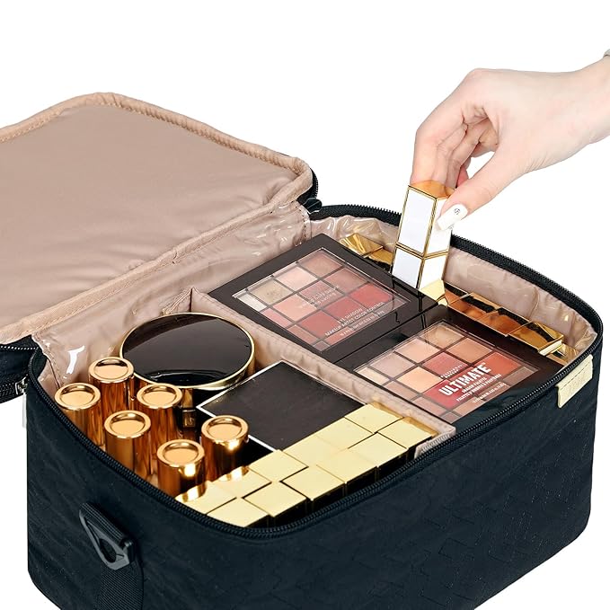 NISHEL Extra Large Double Layer Travel Makeup Bag Women, Cosmetic Organizer Case, Essentials Accessories with Shoulder Strap for Bottles, Brushes, Conditioner, Skin Care Products, Black