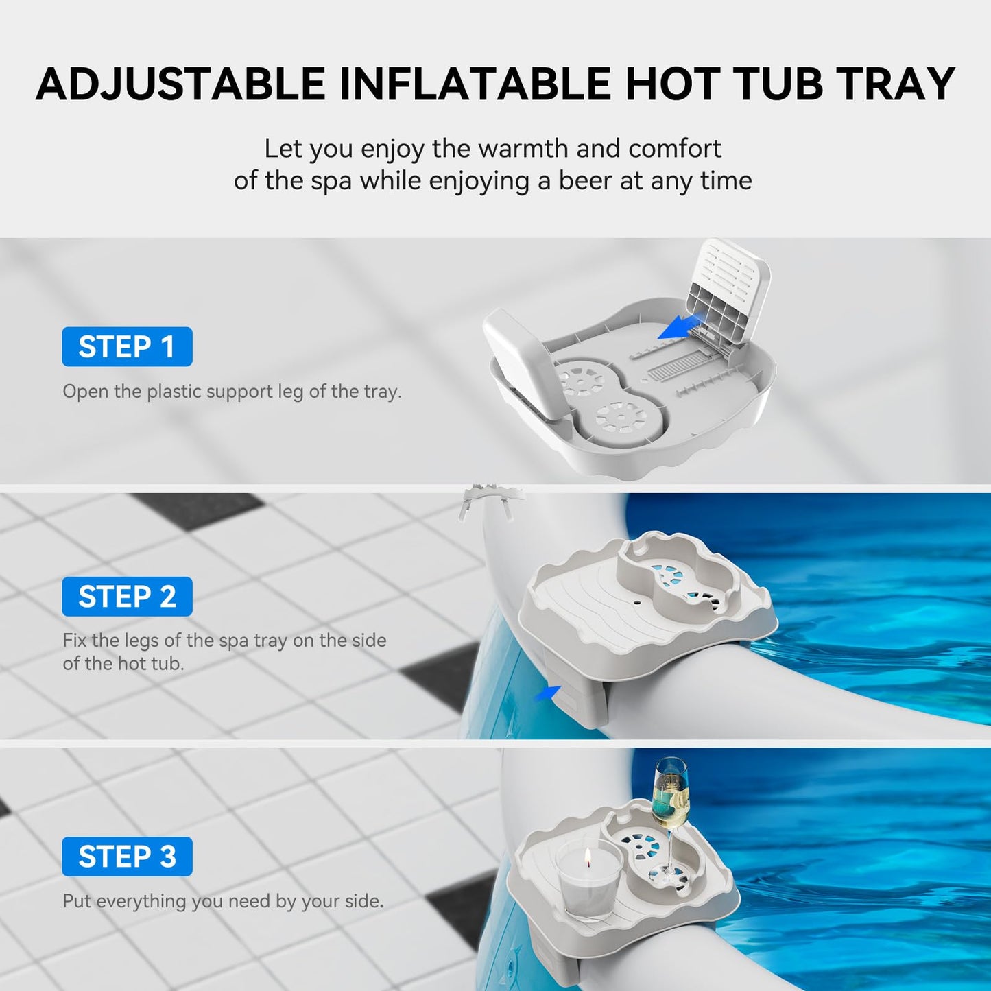 Anivia Hot Tub Table Tray, Adjustable Width 4.3" to 7.7" Hot Tub Accessories for Intex PureSpa, Nonslip Caddy Holds 2 Drinks, Keep Snacks-Drinks Handy and Dry, Fits Outdoor Inflatable Spa/Pool(Beige)