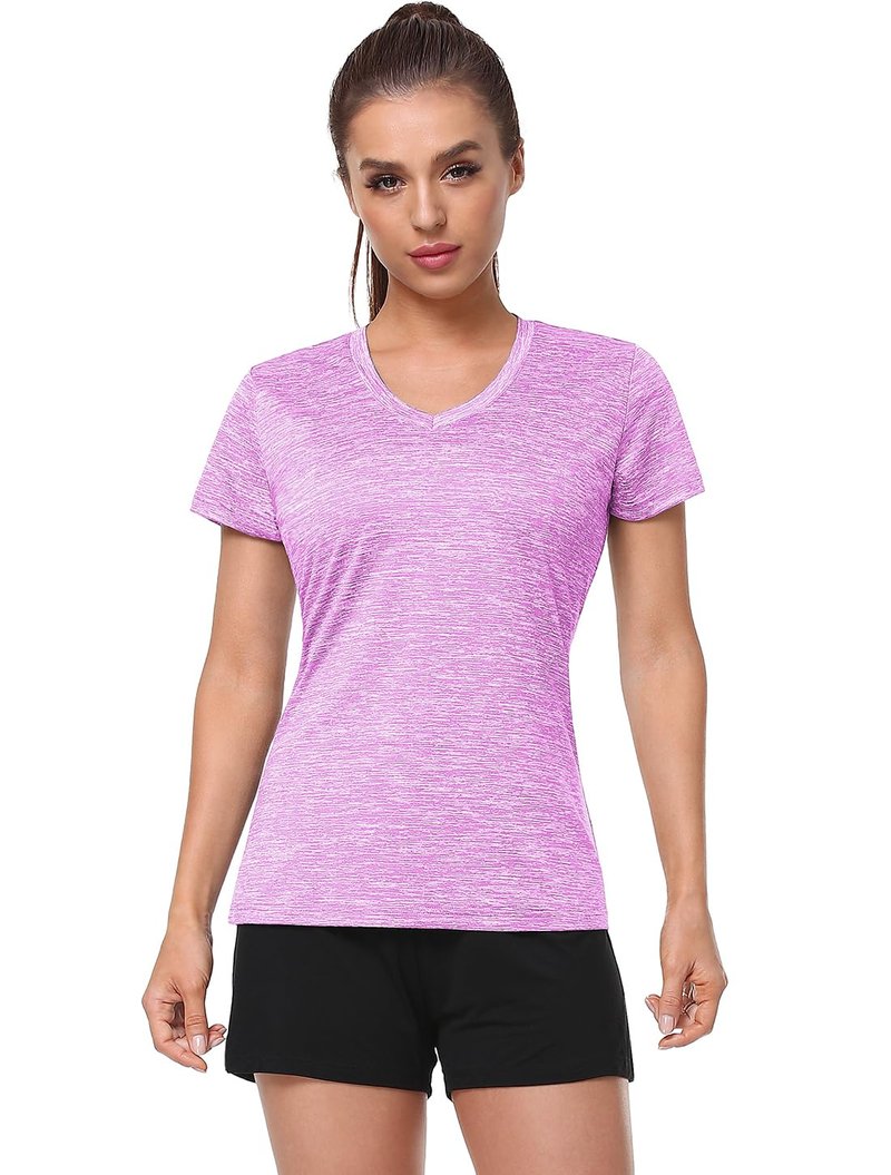 Cosy Pyro Women's Short Sleeve V-Neck Athletic T-Shirt Exercise Yoga Tees Dry Fit Gym Shirts Moisture Wicking Workout Tops Pack of 5 Black1/Navy/Azure/Purple/Rose M