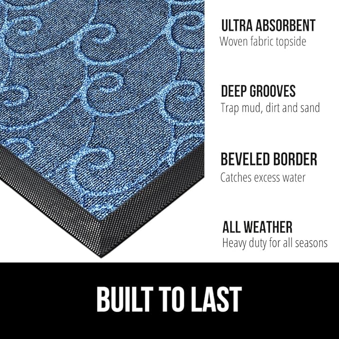 GORILLA GRIP 100% Waterproof All-Season WeatherMAX Doormat 35x23, US Designed Natural Rubber, Stain and Fade Resistant, Low Profile Indoor Outdoor Door Mats, Easy Clean Patio Mat, Ocean Blue Waves