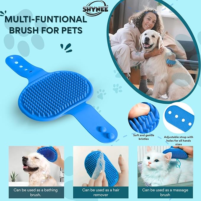 SHYNEE 8PCs Dog Grooming Kit - Dog Shampoo Brush | Washing Gloves | Adjustable Dog Bath Brush | Dog Paw Cleaner | 2X Toothbrush | Scrubber with Handle for Bath & Massage - A Complete Pet Grooming Kit
