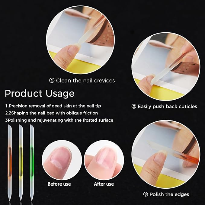 JERCLITY 3 Pieces Double-Ended Glass Nail Files Cuticle Pusher Cuticle Stick Set Nano-Frosted Nail Polished Crystal Glass Rod Manicure Pedicure Pusher Tools(Orange/Yellow/Green)