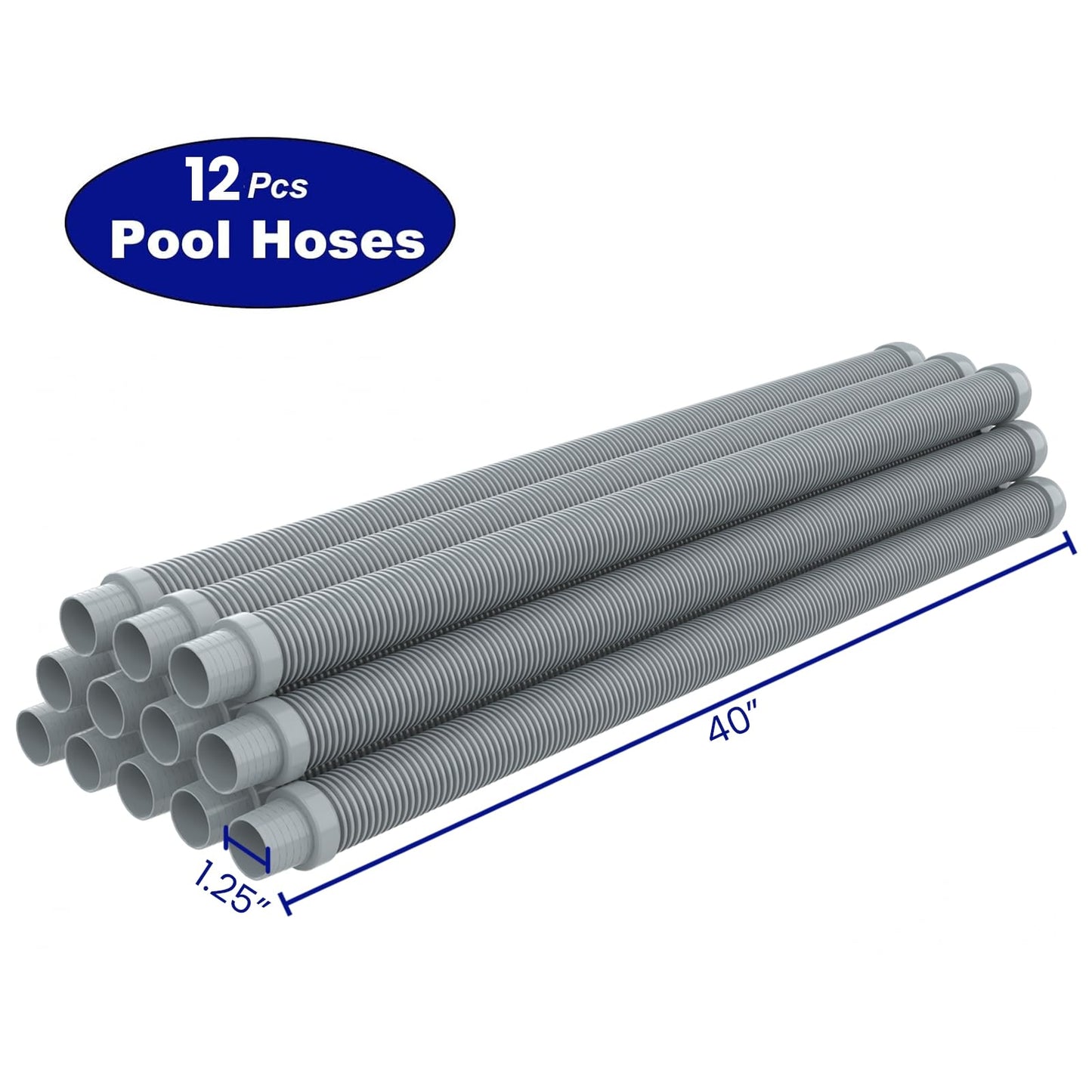 Poolvio Pool Vacuum Hose 40 Feet (12 x 40 Inch), 1.5 Inch Cuffs, Compatible with Most Inground Pool Automatic Cleaners, Gray