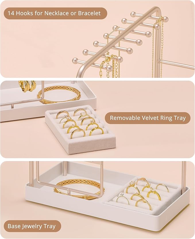 ProCase Jewelry Stand Holder Organizer, Jewelry Display Storage with Ring Tray, No-Assembly, Rotating Earring Bracelet Necklace Holder, Valentine's Gifts Room Dorm Decor for Teen Girls -Champagne