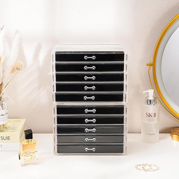 ProCase Earring Holder Organizer Jewelry Box with 10 Drawers, Acrylic Clear Earring Case with Adjustable Velvet Trays for Women - Black,10 Layers