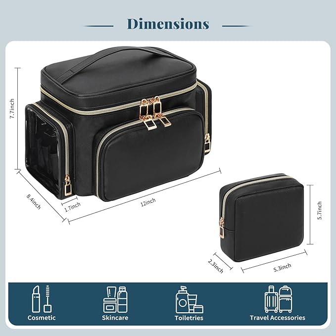 Makeup Bag, 2PCS Leather Large Travel Makeup Bag, Portable Waterproof Makeup Bag Organizer for Women with Makeup Brush Compartment, Cosmetic Travel Bag Vertical Storage Toiletry Bag, Black