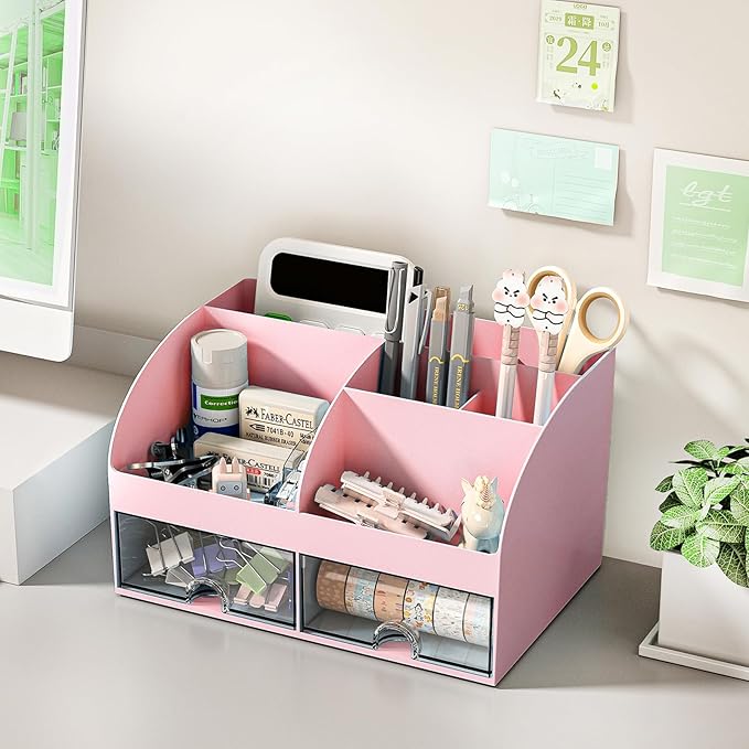 Desk Organizer with 6 Compartments and 2 Drawers, Plastic Makeup Organizer, Pen Holder for Desktop Storage, Desk Organization for School, Home, Office Supplies Pink-2Pack