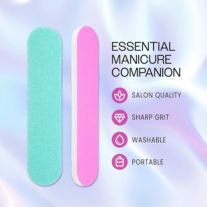 25PCS Mini Size PANA Professional Double Sided Nail Files - Pink&Teal, 100/180 Grit - Emery Board Nail Buffering File Manicure Pedicure Nail Polisher Washable