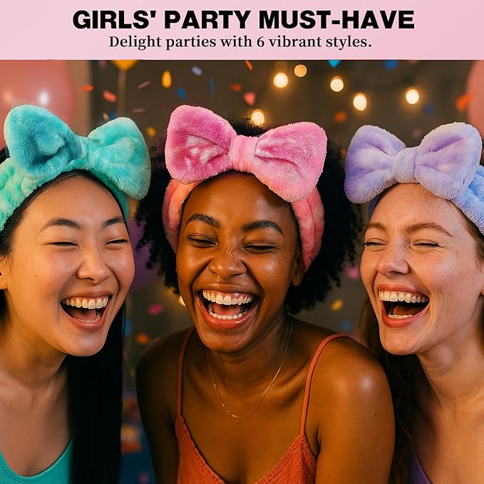 6 Pcs Spa Headband for Washing Face,Skincare Headband with Removable Bow,Furry Face wash Headbands,makeup Headbands for Women,Teen,Girls,Christmas Gifts