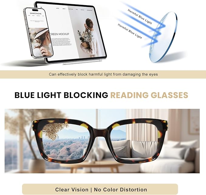 XVXV Reading Glasses for Women Men - Blue Light Blocking Readers Oversize Square Anti Glare with Spring Hinge