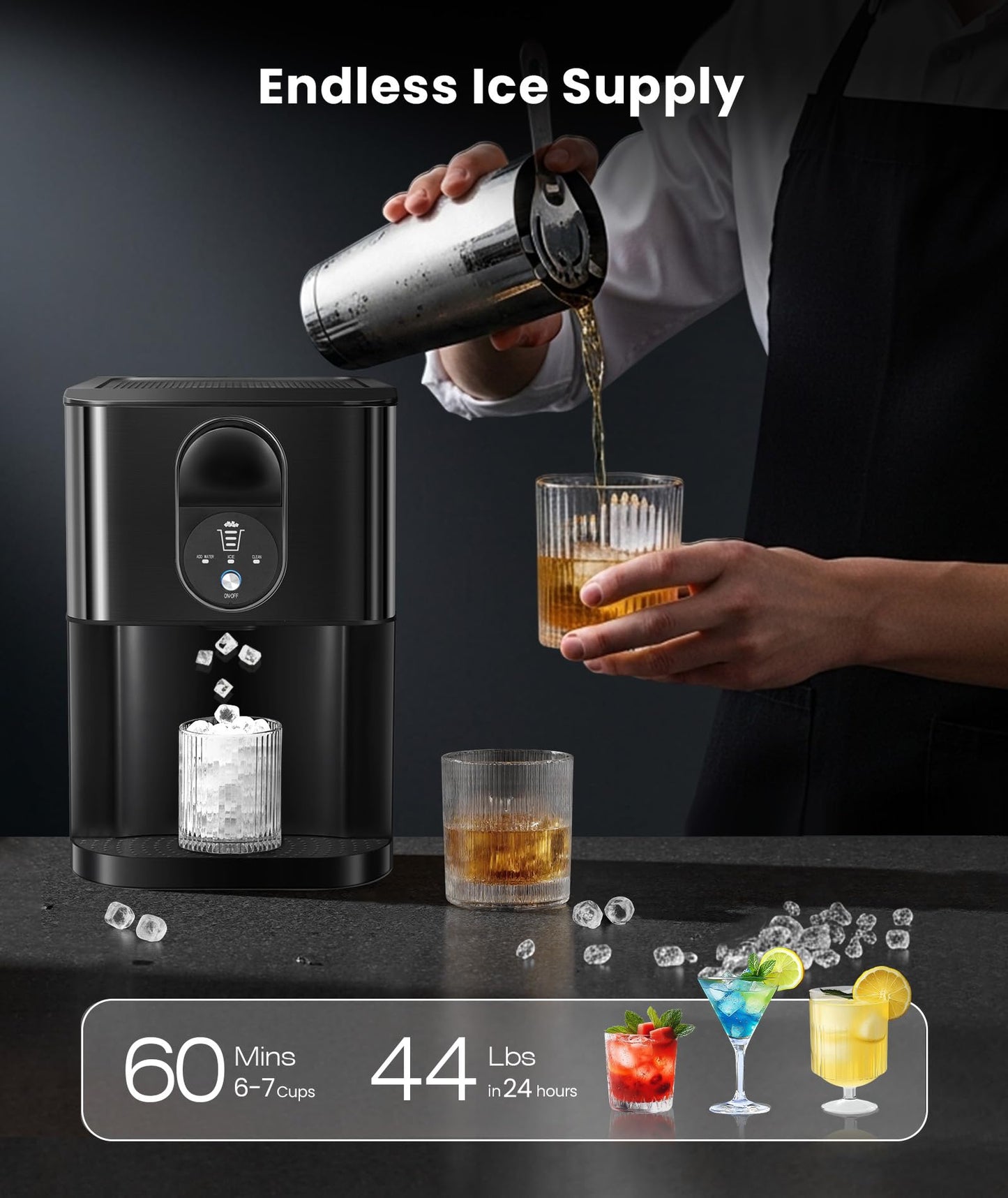 Cowsar Nugget Ice Maker Countertop, 44lbs/24H Soft Chewable Pellet Ice Machine with Dispenser, Self-Cleaning, 2.4L Removable Water Tank, One-Click Operation, Ideal for Home/Kitchen/Bar/Office, Black