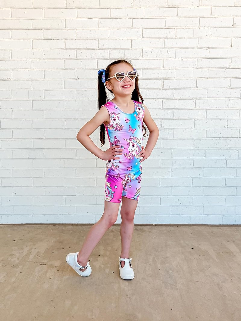 Taubow 2 Packs Gymnastics Leotards for Girls 4t 5t Rainbow Unicorn Tumbling Outfit Biketard with Shorts Gymnastics Outfit