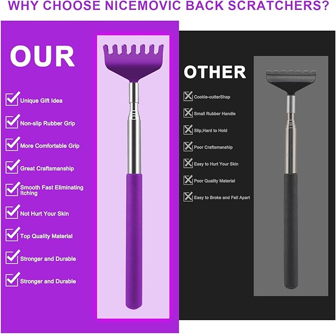 NICEMOVIC 6 Pack Back Scratcher for Women Men, Christmas Stocking Stuffers, Prizes for Adults, White Elephant Gifts for Adults, Extendable Bulk Back Massager Tool for Thanksgiving Birthday (Purple)