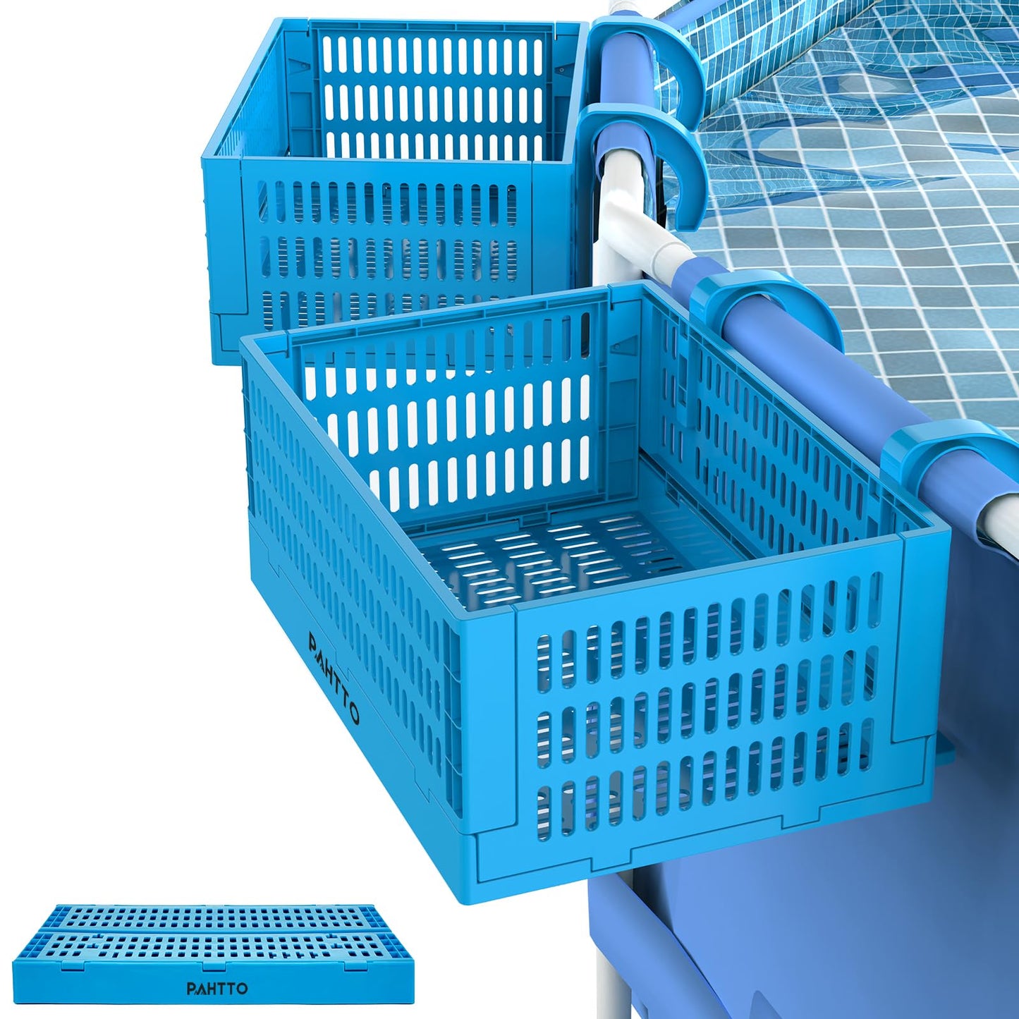 PAHTTO XL Poolside Storage Basket 2pcs, Foldable Above Ground Pool Storage Basket for Pool Toys, Towels, Beverages, Poolside Organizer, Pool Accessories for Above Ground Swimming Pool, Blue