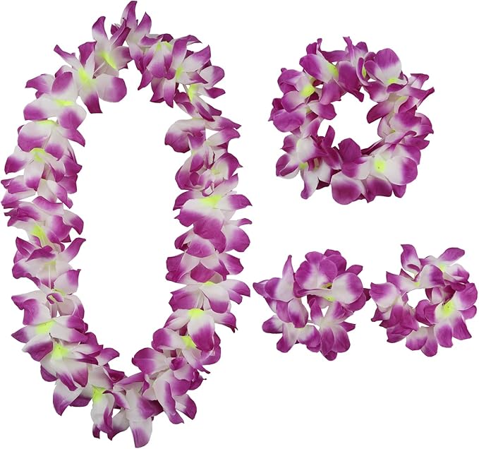 Hawaiian Leis Set,Hawaiian Luau Flower Leis Necklace Headband Bracelets Set,Essential Party Decorations for Birthday, Graduation, and Wedding Celebrations (Purple)
