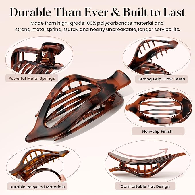 4 PCS Large Flat Hair Clips for Women Girls, French Concord Lay Down Flat Claw Clips for Thick Thin Hair, Comfortable Curved Clip, Stylish Tortoiseshell Strong Hold Hair Accessories, Leopard