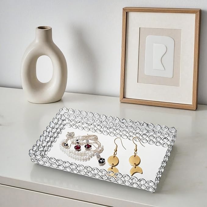 Feyarl Crystal Perfume Tray Cosmetic Vanity Makeup Tray Mirrored Jewelry Trinket Rings Earrings Organizer Storage Decorative Tray for Dresser Countertop Wedding Home Bathroom(13.7" x 7.87")