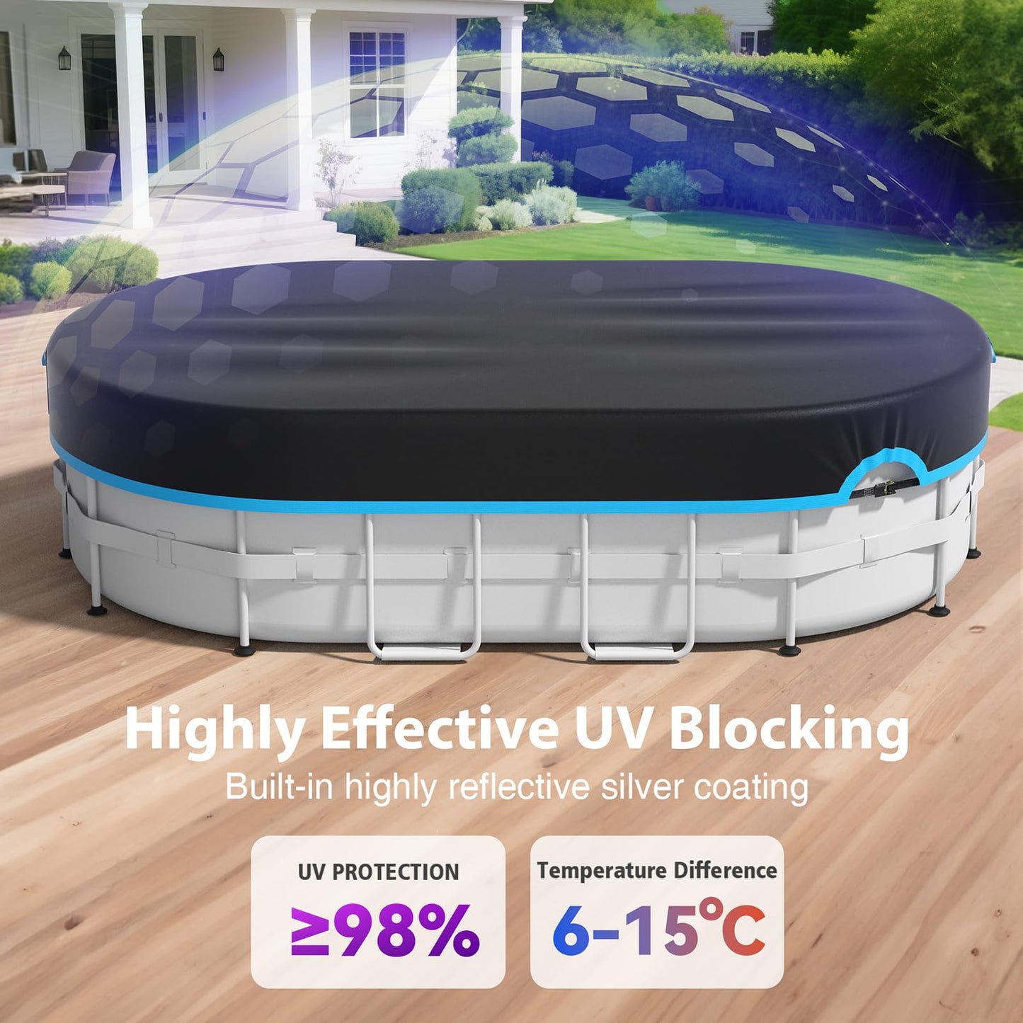 AGROAIDE 10x16 Ft Oval Pool Cover, Heavy Duty Pool Cover Protector with Ratchet Tie Downs, 420D Oxford Fabric for All Season Use - Tear Resistant, UV & Dust Proof