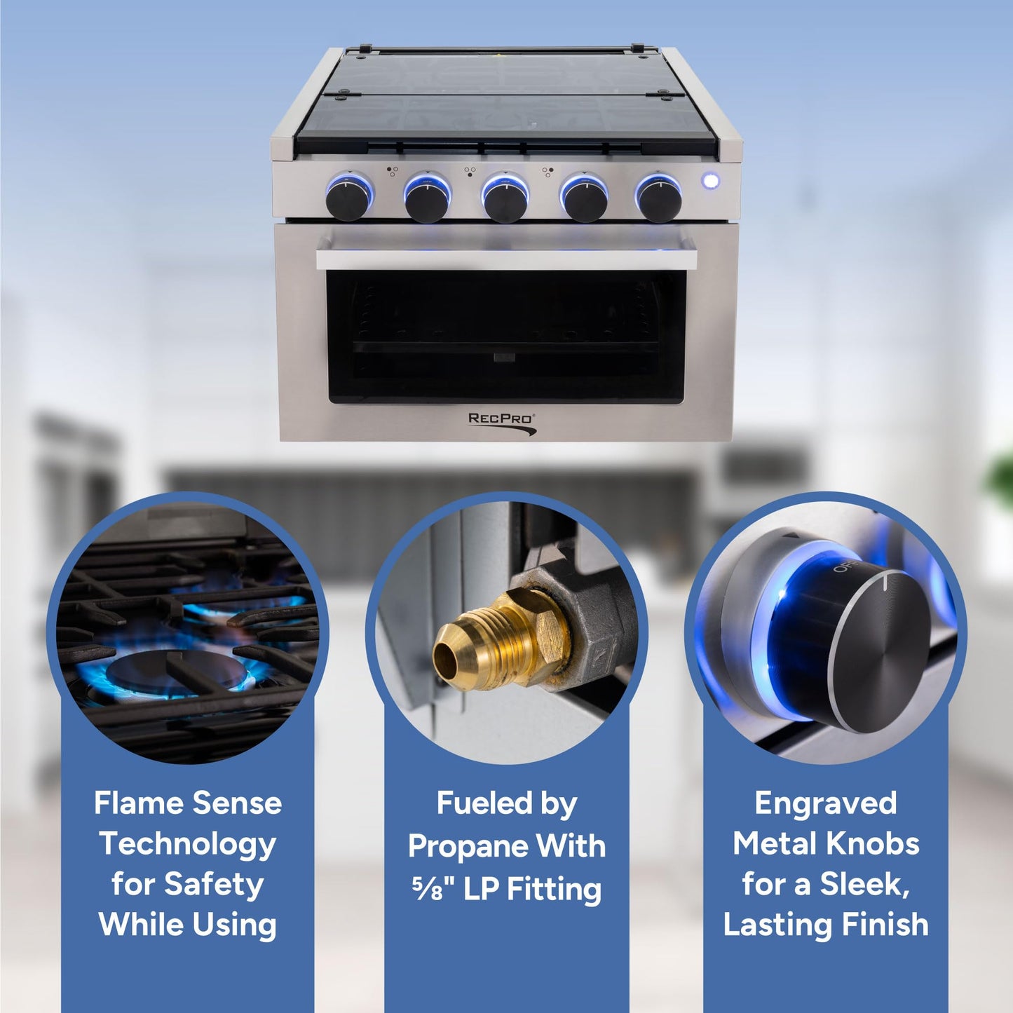 RecPro RV Stove Black Finish | Gas Range 17" Tall | 6500 and 8000 BTU Three Burner | 7100 BTU Oven with 1.24 Cu. Ft. Capacity | Optional Range Hood