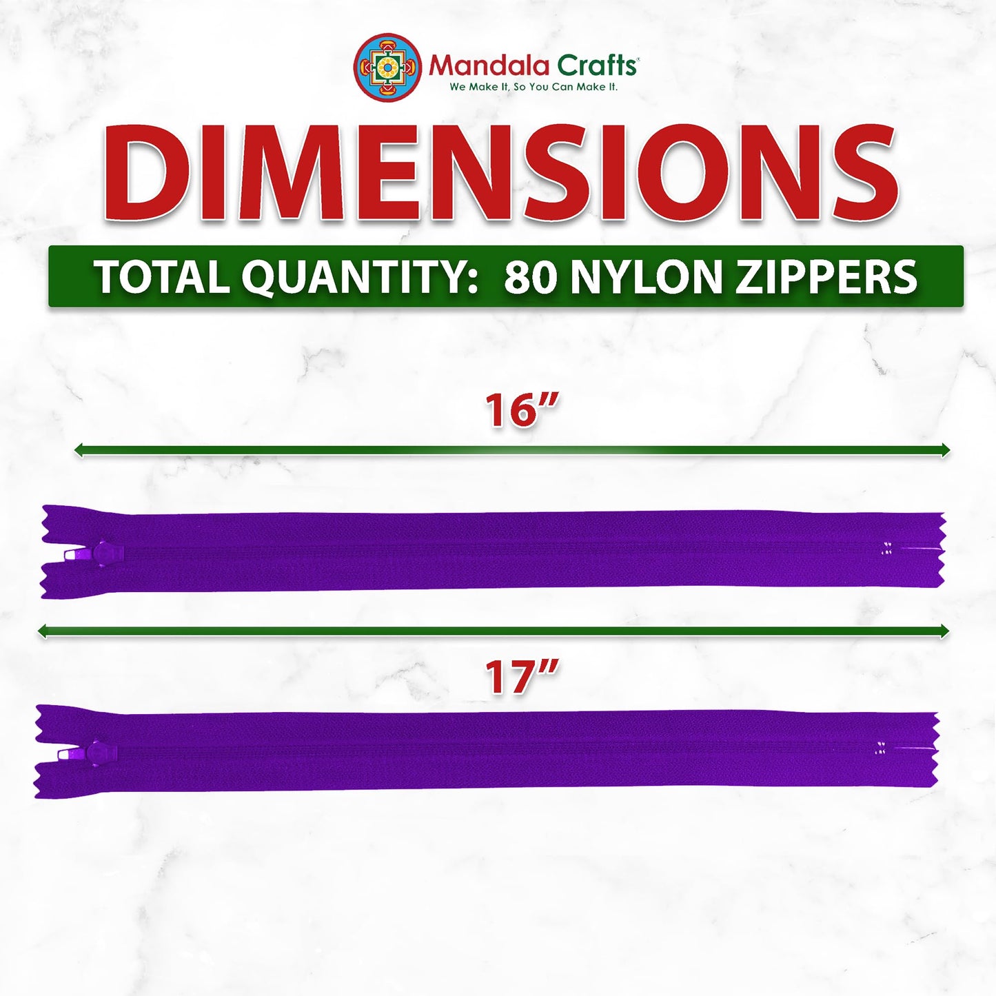 Mandala Crafts 80 PCs Purple Nylon Zippers for Sewing 16 Inch - Zippers Replacement Sewing Supplies in Bulk for Tailor, Clothing Repair, and DIY Projects