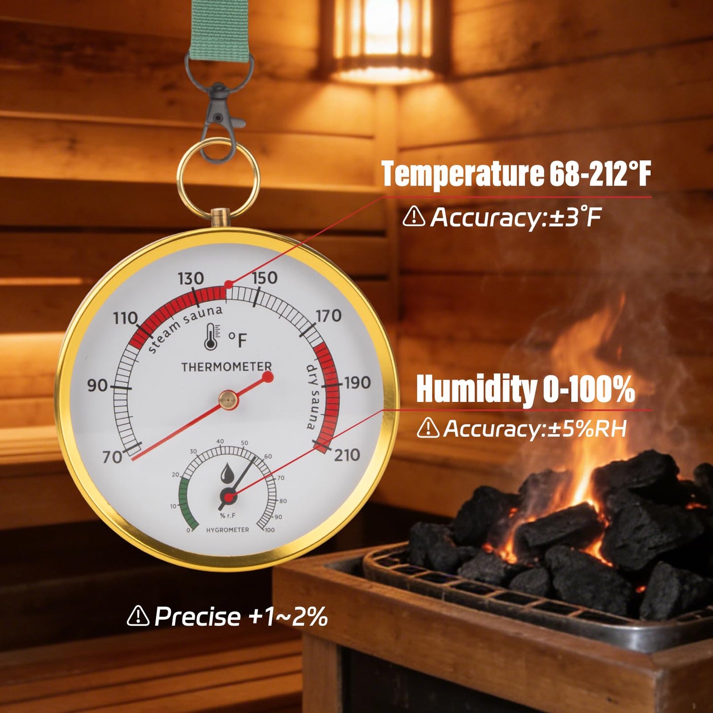 Andelov Sauna Thermometer and Hygrometer (Fahrenheit) with Lanyard Mount, Portable Temperature & Humidity Monitor for Steam Sauna Box, Infrared/Indoor/Home Sauna Accessories