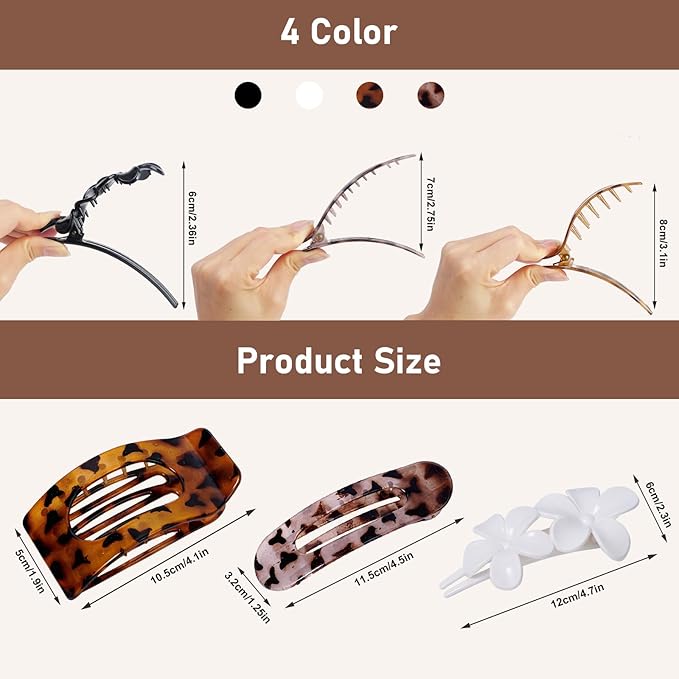 12 Pack Flat Hair Clips for Women – Matte Tortoiseshell Square Claw Clips, Flat Barrettes & Flower Pins in Black, White,Tortoiseshell & Leopard, Soft Touch Hair Accessories for Thick & Thin Hair