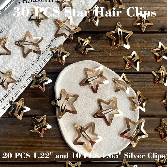 30 PCS Gold Star Hair Clips,20PCS 1.22"Star hair Clip and 10 PCS 1.65"Hair Clip Snap Hair Accessories Non Slip stars Clips for Girls Women gold Accessories Gold Metal Hair Clips