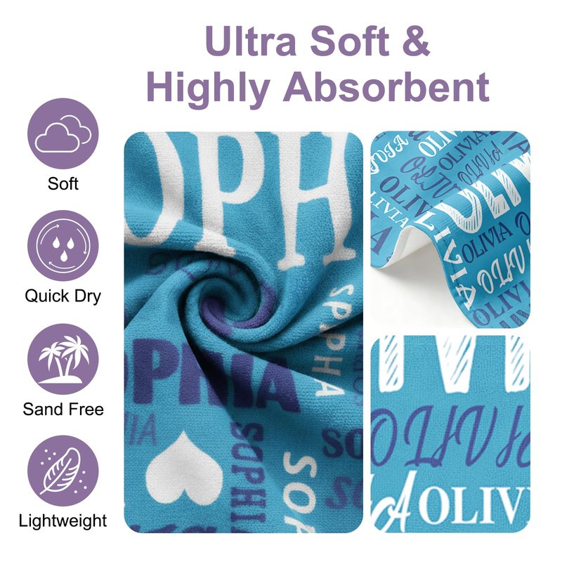 Jecivila Personalized Beach Towel with Name, Custom Microfiber Beach Towels for Kids & Adults, Sand Free Quick Dry Oversized Bath Towel for Pool Swim Travel Camping Summer Vacation Birthday Gift