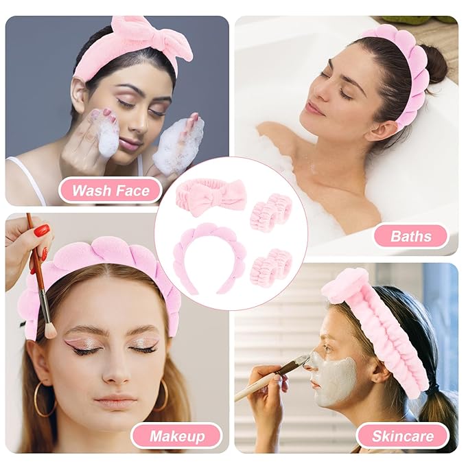 CAVETEE 6 Pack Spa and Makeup Headbands for Face Washing - Cute Puffy Bubble Bow Tie Headbands with Wristbands for Women and Girls