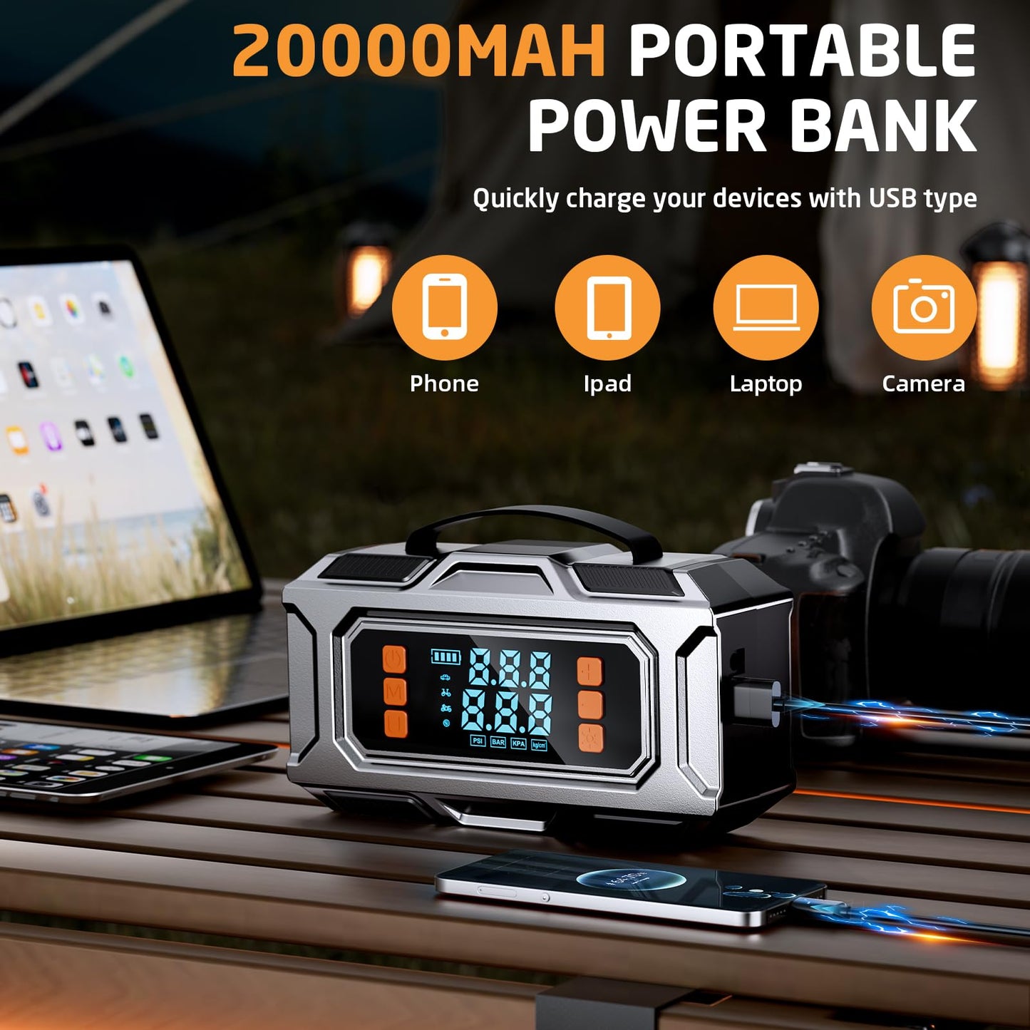 Jump Starter with Air Compressor, 8000A Car Battery Jump Starter (9.0 Gas/8.0L Diesel), 180PSI Car Battery Jumper Starter Portable 12V Jump Box with Jumper Cables, LED Light, Power Bank, LCD Display