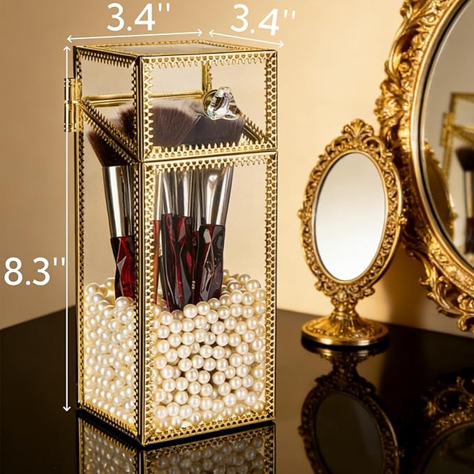 Makeup Brush Holder Organizer with Lid, Glass Cosmetic Make Up Brushes Container, Clear Makeup Tool Storage Box Cup with Pearls, Vintage Dustproof Vanity Decor for Countertop Desktop