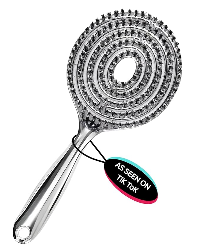 Vented Hair Brush Wet Dry HairBrush for Quick Flat Blow Drying with Natural Boar Bristles Elastic Scalp Massage Brushes Double Layer Design for Smooth HairÃ¯Â¼ÂChrome SilverÃ¯Â¼Â