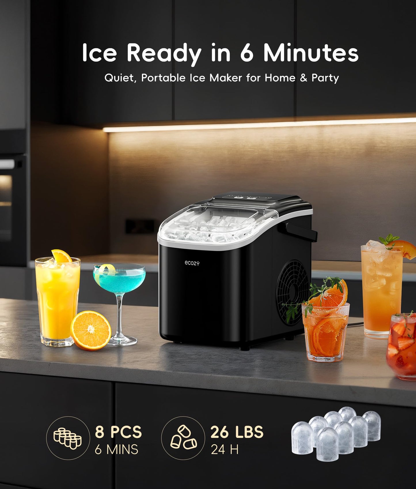 ecozy Portable Ice Makers Countertop, 8 Cubes in 6 Mins, 26lbs/Day, Bullet Ice Maker Machine with 2 Ice Sizes, Self-Cleaning Ice Maker with Carry Handle for Home/Kitchen/Party/Travel - 2026 Version